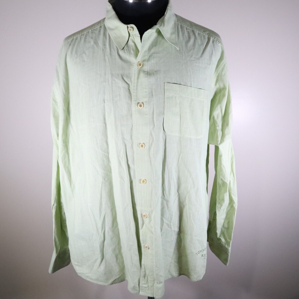 Tommy Bahama Shirt Mens XL Casual Pocket Button Up Green Striped Long Sleeve‎